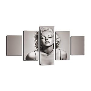 Vintage Marilyn Monroe Painting on Canvas Retro Black White Wall Art Artwork 5 Panel Multi Piece Posters and Printed Picture for Living Room Giclee Home Decoration Framed Ready to Hang(60''Wx32''H)