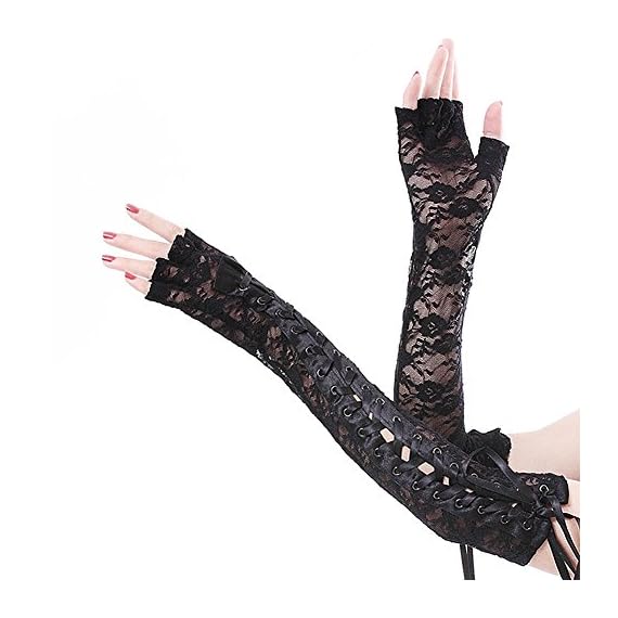Womens-Fashion-Fishnet-Long-Gloves-Black-Lace-Up-Night-Club-Party-Mitten-Fingerless