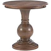 MAKLAINE Round Accent Table, 26.5" High, Engineered Wood, Rustic Natural Finish, Turned Pedestal, Stepped Base, Compact Desig