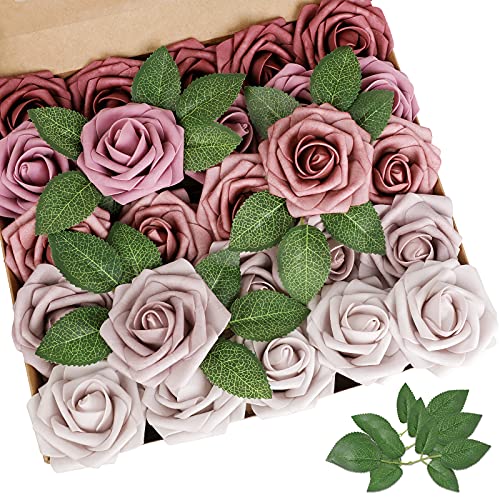 AmyHomie Artificial Flower Shades of Mauve Rose 25pcs Real Looking Fake Roses w/Stem for DIY Wedding Bouquets Centerpieces Arrangements Party Baby Shower Home Decorations