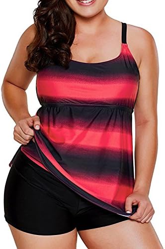 Joytoo Women's Criss Cross Back Color Block Striped Tankini with Boyshorts Swimsuit S-4XL