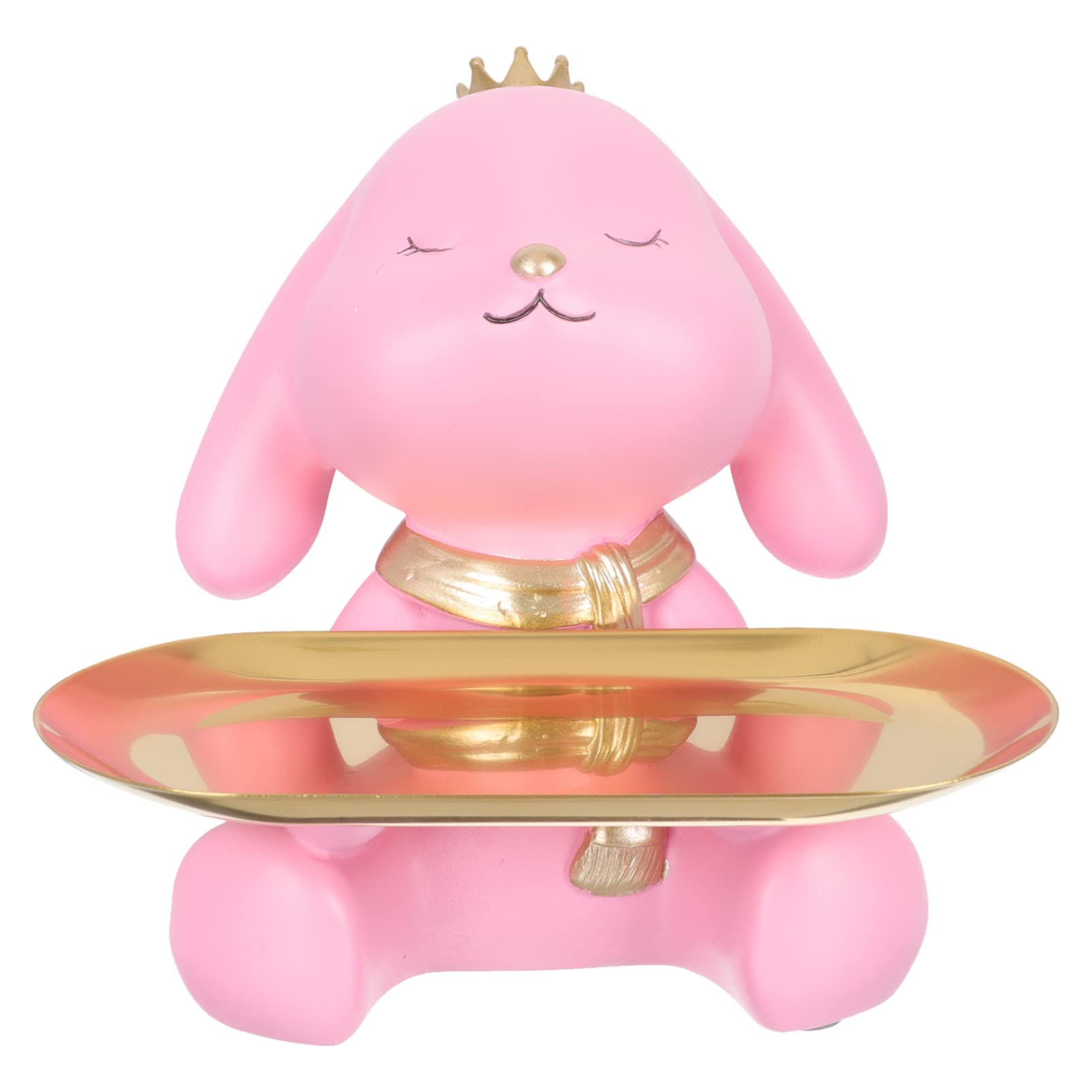 Hosoncovy Resin Rabbit Tray Sculpture Storage Tray Statue Rabbit Figurine Home Ornament with Metal Tray (Pink)