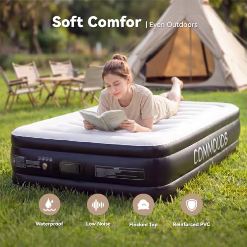 COMMOUDS Queen Air Mattress with Portable Air Pump, 18" High Self-Inflation Inflatable Mattress, Comfortable Blow up Mattress, Air Bed for Camping, Home and Guest