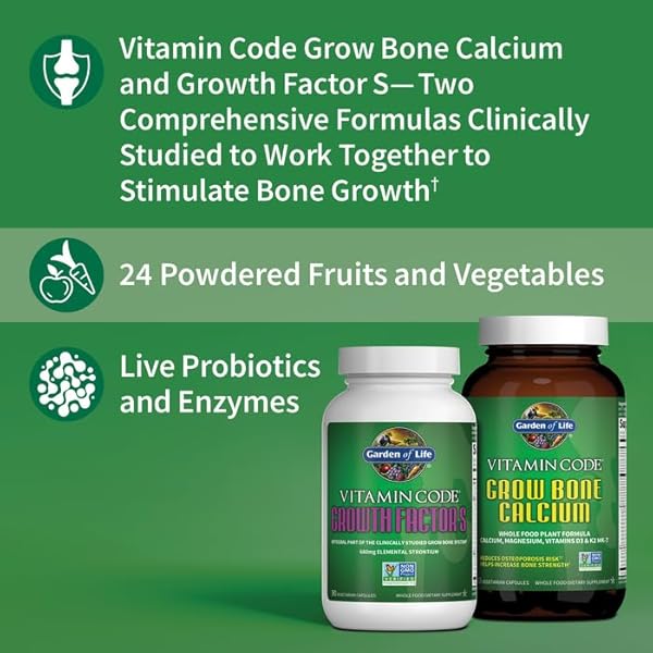 GARDEN OF LIFE CALCIUM SUPPLEMENT – VITAMIN CODE GROW BONE MADE WITH WHOLE FOODS, STRONTIUM, MAGNESIUM, K2 MK7, VITAMIN D3 & C PLUS PROBIOTICS FOR GUT HEALTH, 30 DAY SUPPLY