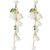 Lily of the Valley Earrings for Women,Elegant Floral Stud Earring,Statement White Flower Pearl Long Tassel Dangle Earrings,Floral Drop Earring,Fairy Flower Jewelry for Women