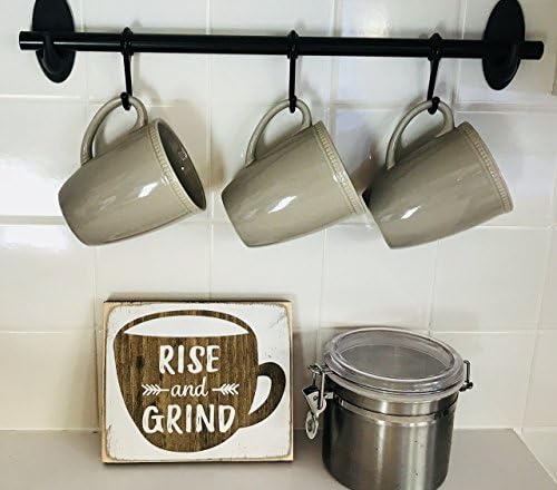 Rise and Grind Coffee Farmhouse Rustic Kitchen Home Decor Sign, White Wood Distressed Wall Art