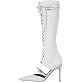 Fuazuzu Elegant Lace Up Knee High Boots for Women Pointed Toe Stiletto High Heels with Side Zipper Spring Summer Cut-Out Knee Tall Boots