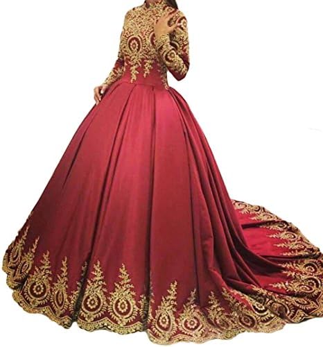 Dymaisei Women's Gold Appliques Muslim Formal Evening Dresses Long Sleeves Arabic Gowns US14