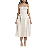 Womens Corset Dress Elegant Spaghetti Strap Midi Dress Flowy Pleated Hem Low Cut Prom Dresses Floral Bustier Dress