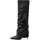 MOTIMODEN Women's Knee High Boots Fold Over High Heel Pointed Toe Black White Long Boots Women Dress Tall Boots for Women