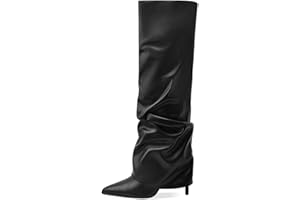 MOTIMODEN Women's Knee High Boots Fold Over Side Zipper Long Boots Pointed Toe Black White Women Dress Tall Boots for Women