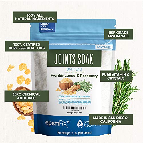 Joints Soak Bath Salt 32 Ounces Epsom Salt with Rosemary, Frankincense and Peppermint Essential Oils Plus Vitamin C and All Natural Ingredients BPA Free Pouch With Easy Press-Lock Seal