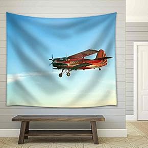 Red Vintage Airplane Flying Against Blue Sky - Fabric Wall Tapestry Home Decor - 51x60 inches