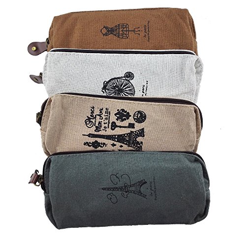 Yueton Set of 4 Vintage Paris Memories Pastorable Canvas Pen Pencil Stationery Pouch Bag Case, Zipper Coin Hand Purse