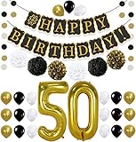 Black 50th BIRTHDAY DECORATIONS PARTY KIT - Black Gold and White Paper PomPoms | Number 50 Gold Balloons | Circle Garland