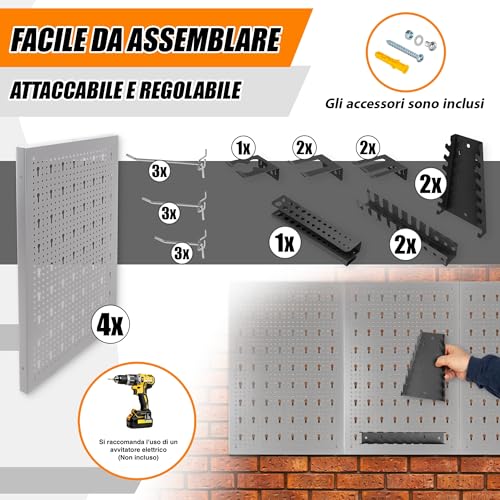 Metallmobell HPTH01G Tool Wall Panel 160 x 60 x 2 cm, 4 Perforated Panels, Hooks and Brackets, Wall Panels for Work Tools, Perforated Panel Tool Holder HPTH01G