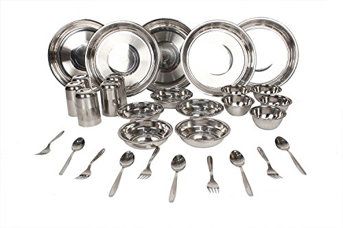 ROYAL SHAPPIRE Stainless Steel Dinner Set 30 Pcs(Glass, Curry Bowl, Desert bowl, Spoon,folk,Quater Plate and Full Plate))