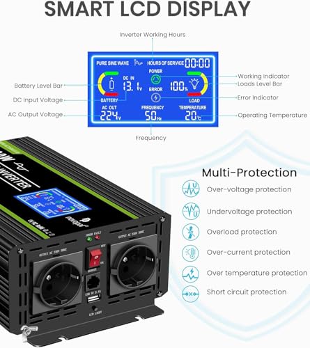 NOVOPAL Pure Sinus 2000W Inverter Converter 12V 230V with Remote Control and Dual AC Sockets and LCD Screen, for Car, Caravan, Boat, Camping, Travel