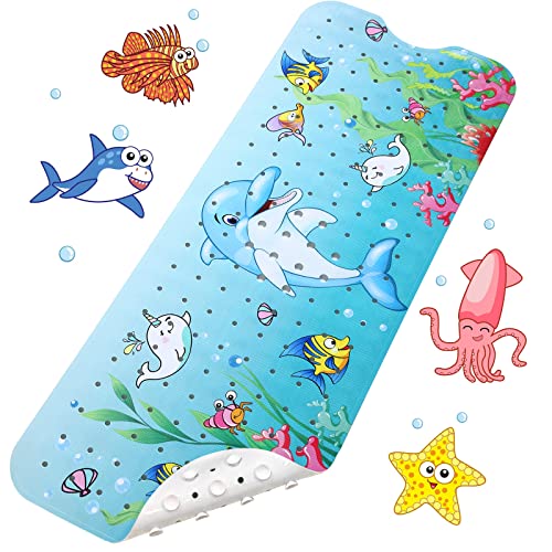LUZOON Tappetino Vasca Antiscivolo Bambini da Bagno, 100x40cm Tappetino per Doccia con 200 Ventose e Antibatterico Senza BPA e Modello Animale Marino e Lavabile in Lavatrice (100 x 40 cm, Delfino)