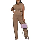 2 Piece Outfits for Women Short Sleeve Crop Top High Waist Wide Leg Long Pant Sets Sleepwear Sport Set