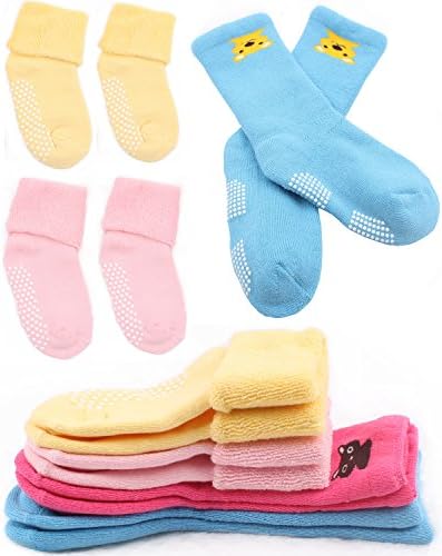 Pro1rise Mixed 4 Pairs 12-36 Months Toddler Baby Girls Anti-slip Turn Cuff Terry Socks Thick Cotton Shoe Socks Slippers