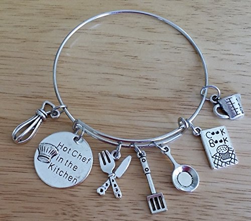 Chef bracelet, Hot Chef bracelet, Chef jewelry, Kitchen charm, cooking charm, Chef charm bracelet, cook book, frying pan, spatula, fork and knife, measuring cup, egg beater, Hot Chef bangle bracelet
