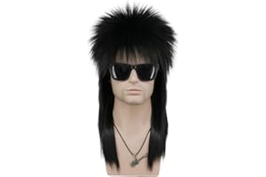 VGbeaty Men and Women Long Straight Wig 70s 80s Rocker Punk Rock Disco Mullet Wig (Black)