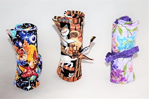 Quilted Pen Roll,Your Choice:Library Cats,Celestial Teddy Bears or Flowers,Multiple Pockets,Adult Coloring Set,Ready To Ship,Ink Joy Writing