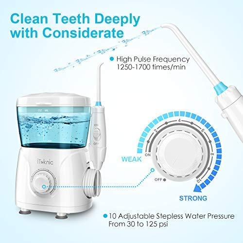 iTeknic Water Dental Flosser Electric Oral Irrigator for Teeth Clean with 1m Imported Soft Hose, 600ml Capacity, 7 Multifunctional Jet Tips , 10 Stepless Water Pressure Flosser for Family, FDA Approved
