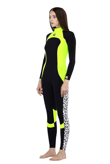 Yellow neoprene leopard print black wetsuit full body 