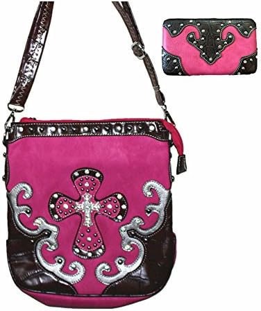 Rhinestone Cross Women's Messenger Bag with Matching Wallet (Hot Pink)