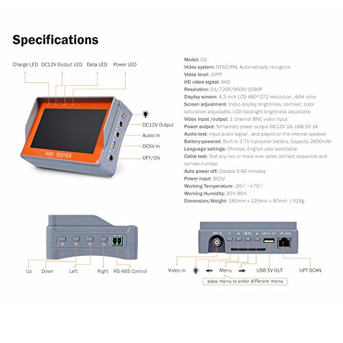 Eoncore 4.3 inch TFT LCD Monitor 1080P AHD Security CCTV Camera & CVBS Security Tester 2 in 1 Analog Video with Network Cable Test - Thumbnail 6