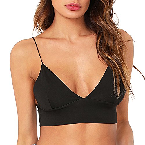 SheIn Women's Strappy Plain V Neck Vest Sexy Bralette Cami Crop Top Black Medium