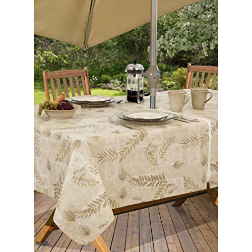 EVERYDAY LUXURIES Boxed Fern Flannel Backed Vinyl Tablecloth Indoor Outdoor, 60-Inch by 84-Inch Oblong (Rectangle) with Umbrella Hole and Zipper, Taupe