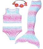 3PCS Girls' Swimsuit Mermaid Tail for Swimming Tropical Bikini Set Support Monofin (Child XXL/10-12, Cherry powder)