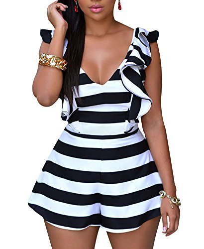 Cfanny Women's Stripes Ruffle Sliky Backless Romper Jumpsuit Playsuit,Black  white,Small