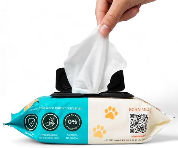 WIPEMATE 200CT PREMIUM DOG & CAT PET WIPES FOR SMALL/MEDIUM SIZE PETS CLEANS PET PAWS EARS FUR BUTT & ANAL GLAND NO-RINSE SOLUTION GENTLE DEODORIZING HYPOALLERGENIC – UNSCENTED