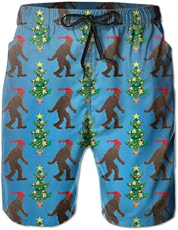 HUHN Christmas Yeti Bigfoot Forest Men's Swim Trunks Printed Quick Dry Board Shorts M