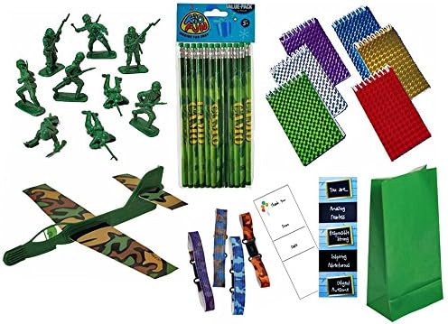 Army Birthday Party Favors Value Pack Bundle: Camouflage Gliders, Army Men, Wristbands and more. Serves 12 Guests