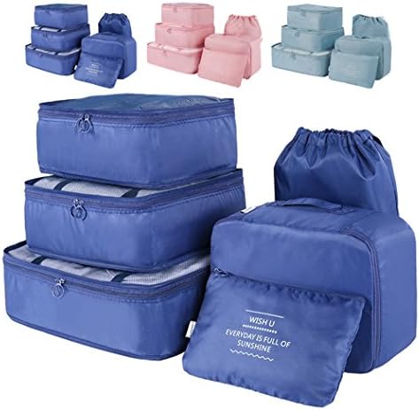 6 PC Travel Packing Cubes with Shoes Bag Durable Zippers Water-resistant Laundry Bag Luggage Organizers DeepBlue