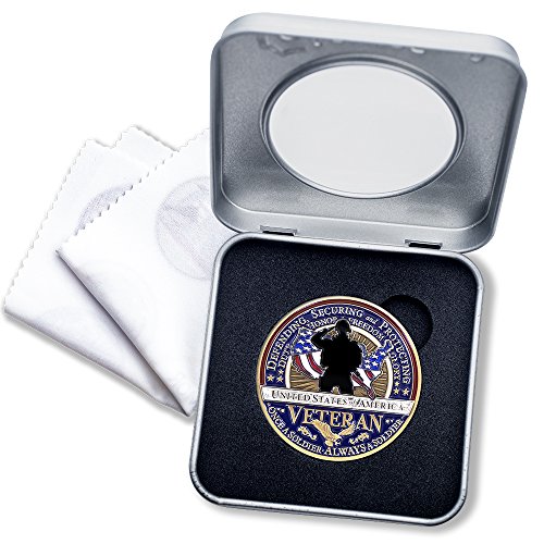 Military VETERANS Challenge Coin Deluxe Display Tin Box with bonus polishing cloth