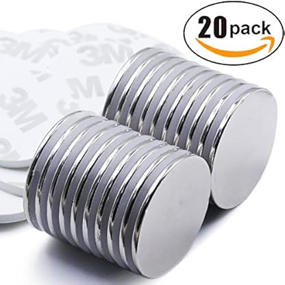 Strong Neodymium Disc Magnets with Double-Sided Adhesive, Powerful, Permanent, Rare Earth Magnets. Fridge, DIY, Building, Scientific, Craft, and Office Magnets, 1.26"D x 0.08"H - Pack of 20