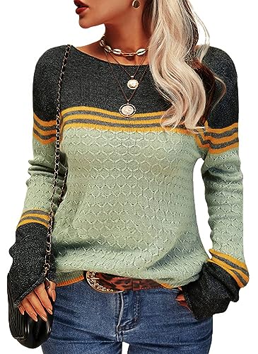 Tankaneo Women's Knitted Sweater Long Sleeve Round Neck Striped Slim Fit Knitwear