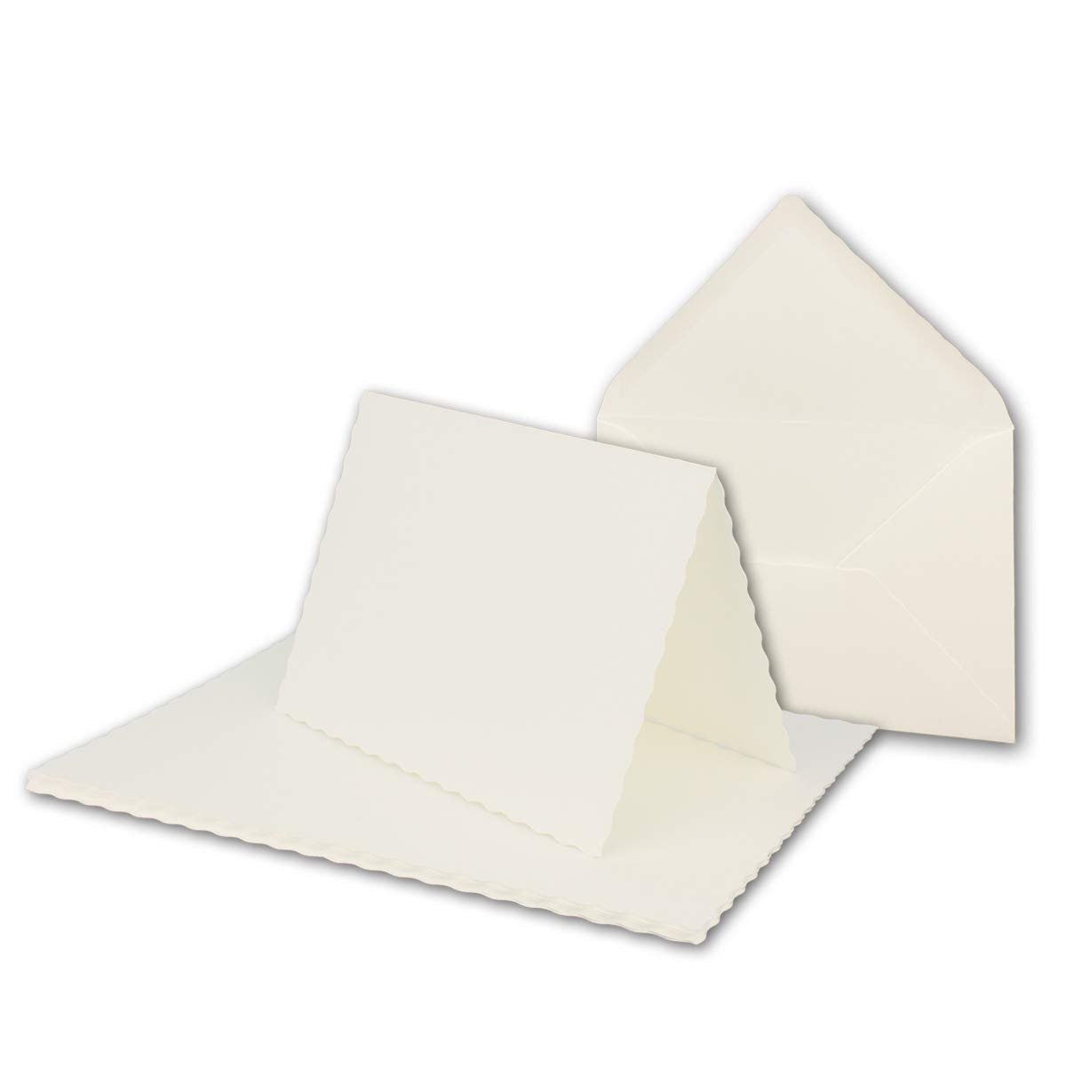 50x folding card set DIN A6 with DIN C6 envelopes - wavy punched Edge - natural white - 10.5 x 14.8 cm - wave cut card sets