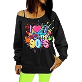 AMWIPE 90s Outfit for Women Sexy Off The Shoulder Sweatshirt I Love The 90's Shirt Oversized Long Sleeve Pullover Top
