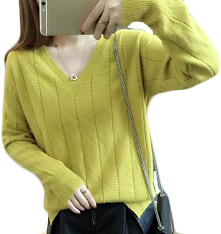 Amazon Feilei レディース Vネック ニットゆったり 無地 ニットシャツ イエロー セーター 通販