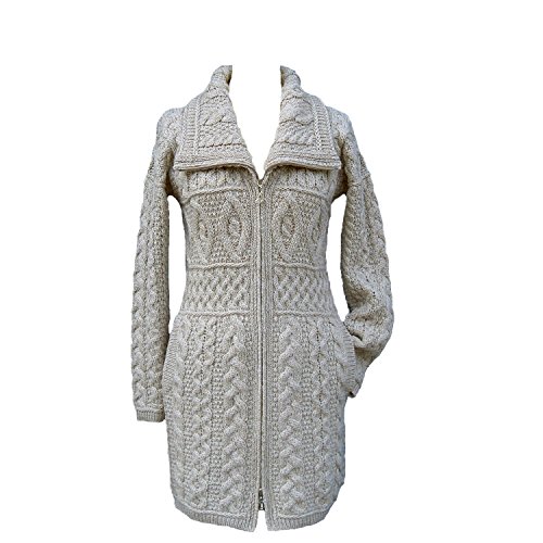 100% Irish Merino Wool Double Collar Aran Knit Coat, Parsnip, Medium