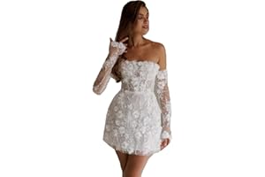 TOHXZCUS Women's Short Wedding Dresses with Detachable Sleeves Flower Lace Appliques Embroidery Tulle Prom Dress Strapless
