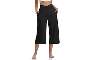 TARSE Womens Casual Wide Leg Yoga Capris Crossover High Waist Capri Pants Loose Soft Pajama Pockets Sweatpants
