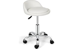 Nova Microdermabrasion Rolling Stool Swivel Salon Stool Chair Adjustable Drafting Tattoo Office Massage Medical Facial Spa with PU Cushion Backrest (White)